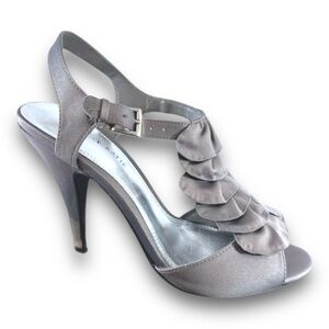 KELLY & KATIE Gray to Taupe Satin Ruffle Embellished Party or Formal Heels 7.5